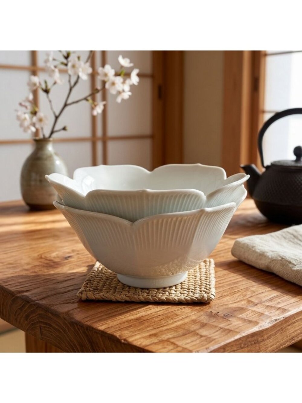 Vintage White Porcelain Lotus Bowls Ribbed Scalloped Set of 2 Japan 6"